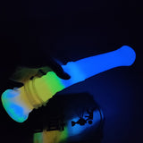 Blue luminous vibrator with rainbow gradient section and spray/airflow nozzle attachment