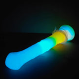 Glow-in-the-dark blue and rainbow vibrator with flared base and nozzle opening