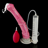 Pink horse dildo with measuring syringe and bulb pump accessories