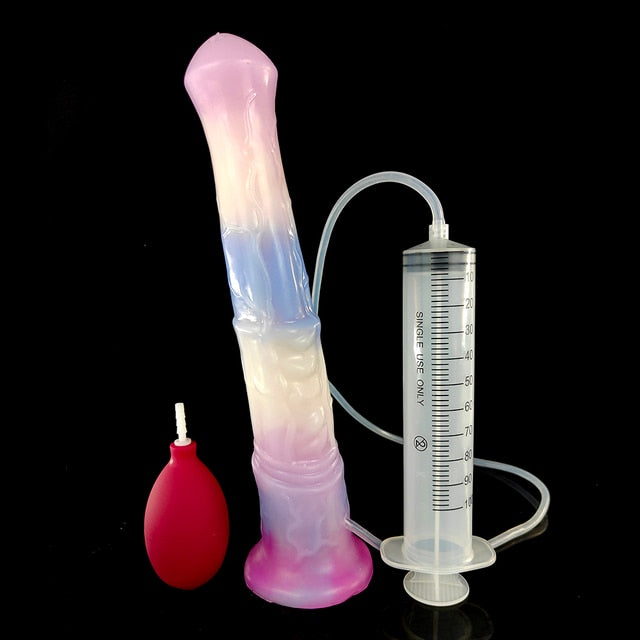 Pink translucent horse dildo with measuring syringe and accessory parts