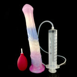 Pink translucent horse dildo with measuring syringe and accessory parts