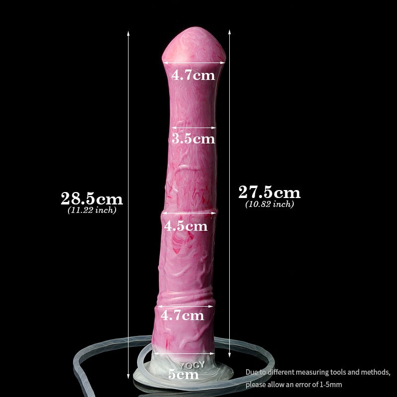 Pink horse-shaped dildo with 27.5 cm length measurement diagram