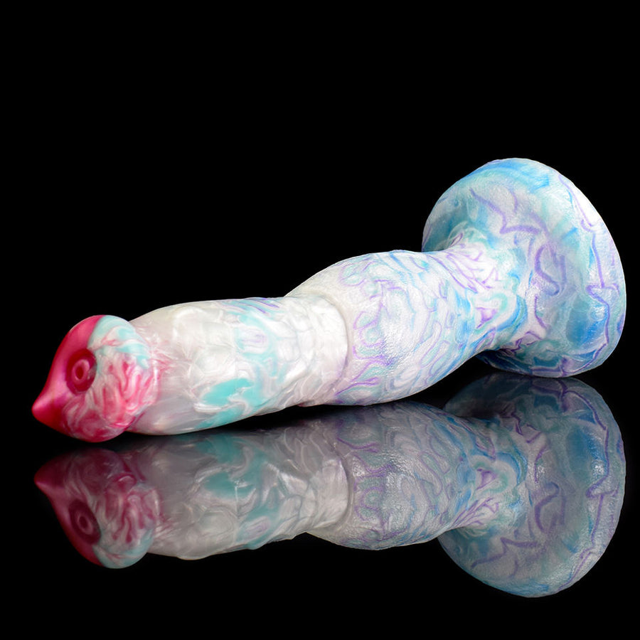 Horse-shaped novelty sex toy with white-blue iridescent body and pink snout