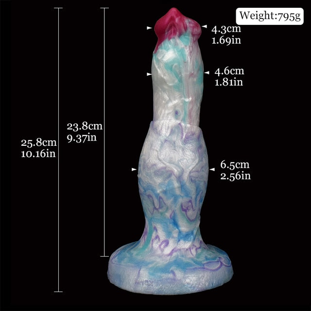 Fantasy horse dildo upright; white-blue marbled with pink muzzle, size shown