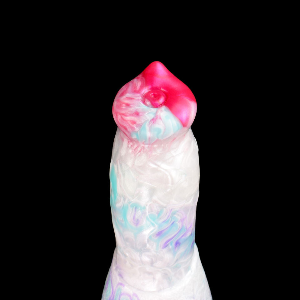 Fantasy horse dildo, front view of head; white-blue marbled with pink nose