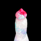 Fantasy horse dildo, front view of head; white-blue marbled with pink nose