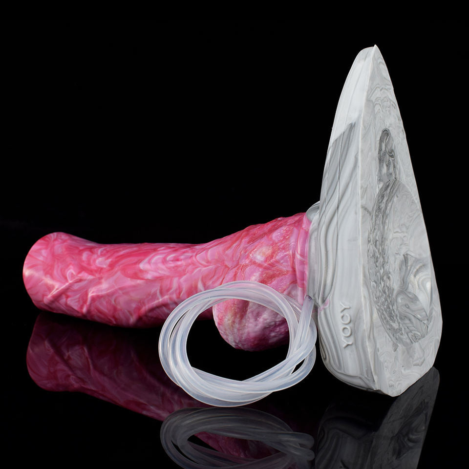 Pink fantasy werewolf sex toy with clear hose loop and large white fin