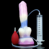 Pastel jelly fantasy sex toy with clear hose, cylinder gauge, and red pump