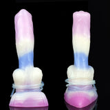 Two pastel jelly fantasy werewolf sex toys, front view, light lavender and blue
