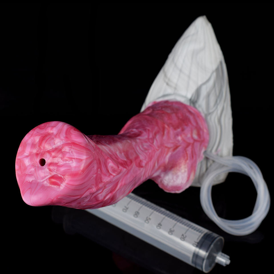 Pink fantasy werewolf sex toy with clear hose, cylinder, and white fin