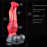 Horse-shaped dildo side view with red patterned shaft and dark flared base