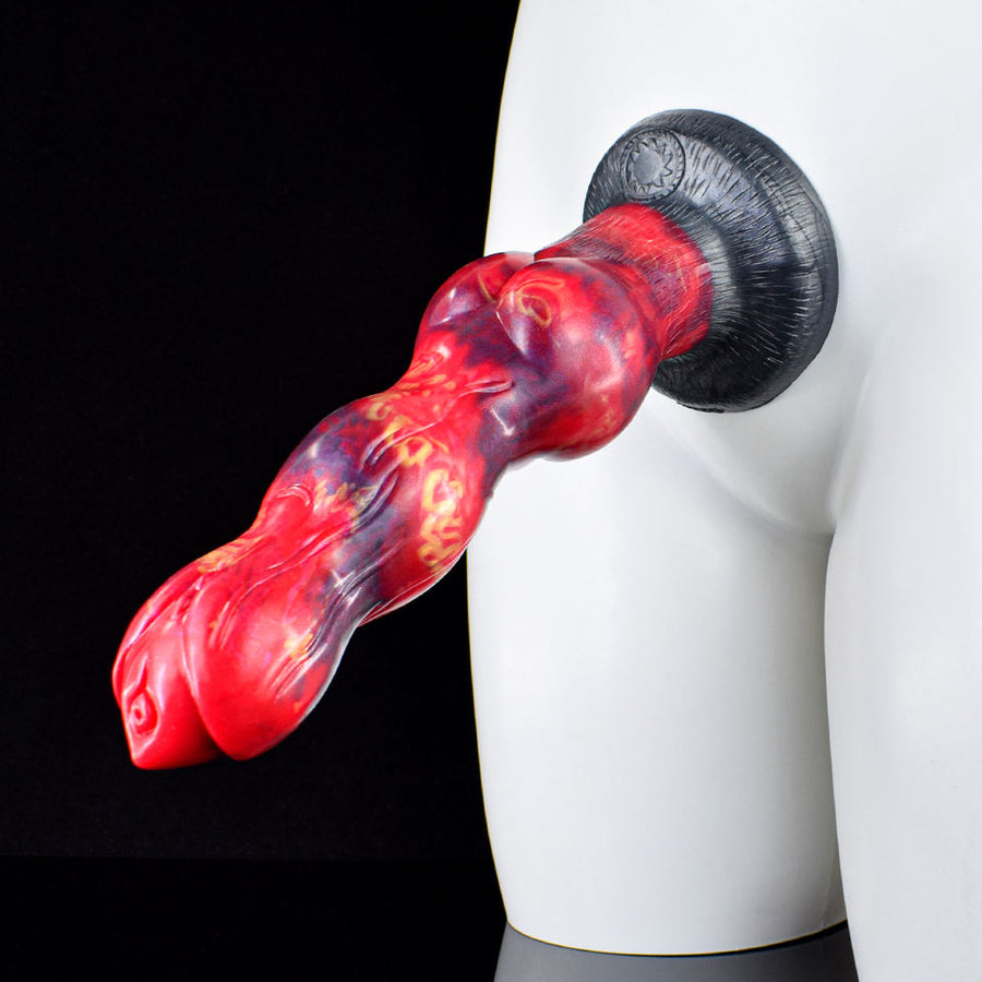 Red and blue patterned silicone dog-style sex toy with round suction base