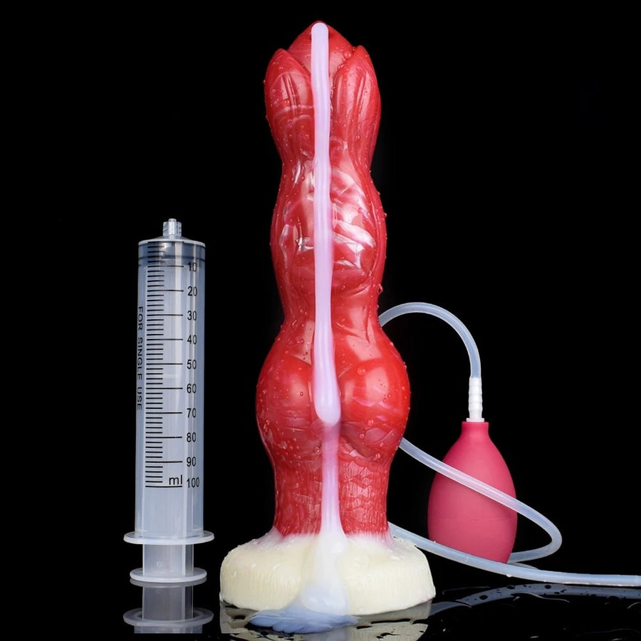 Red dog-shaped squeezable toy with white base and connected clear tubing