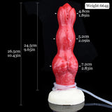 Red squirting dog dildo with thick knotted design; size markers shown