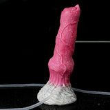 Realistic dog dildo side view, pink body with white base and clear tube