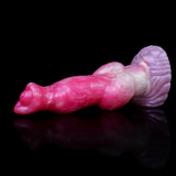 Realistic knotted wolf dildo, thick pink-and-white design with flared base