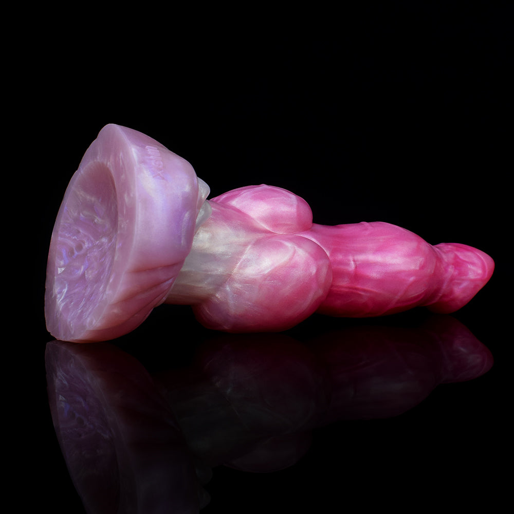 Thick knotted wolf dildo, rounded end with swirl texture in pink-and-white
