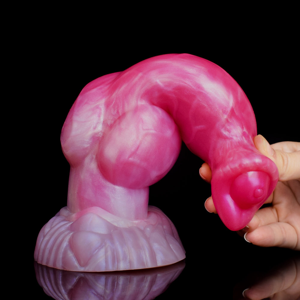 Pink-and-white knotted dildo with flared base, held in hand