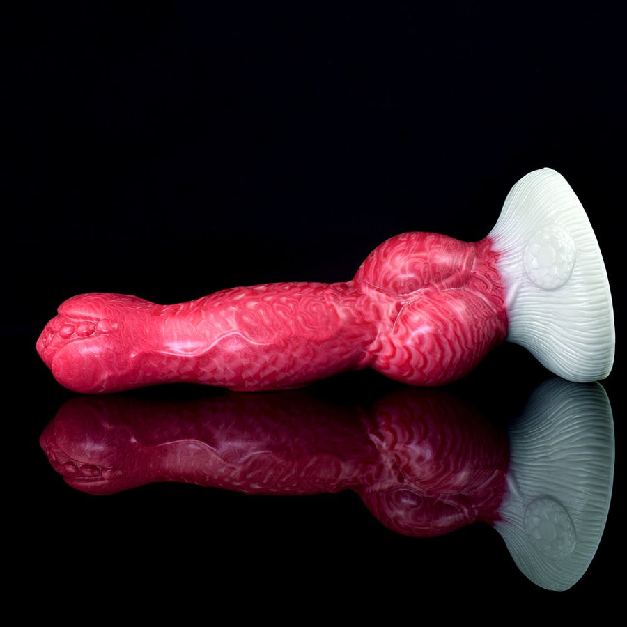 Pink dog-shaped sex toy lying pose, textured finish, white base