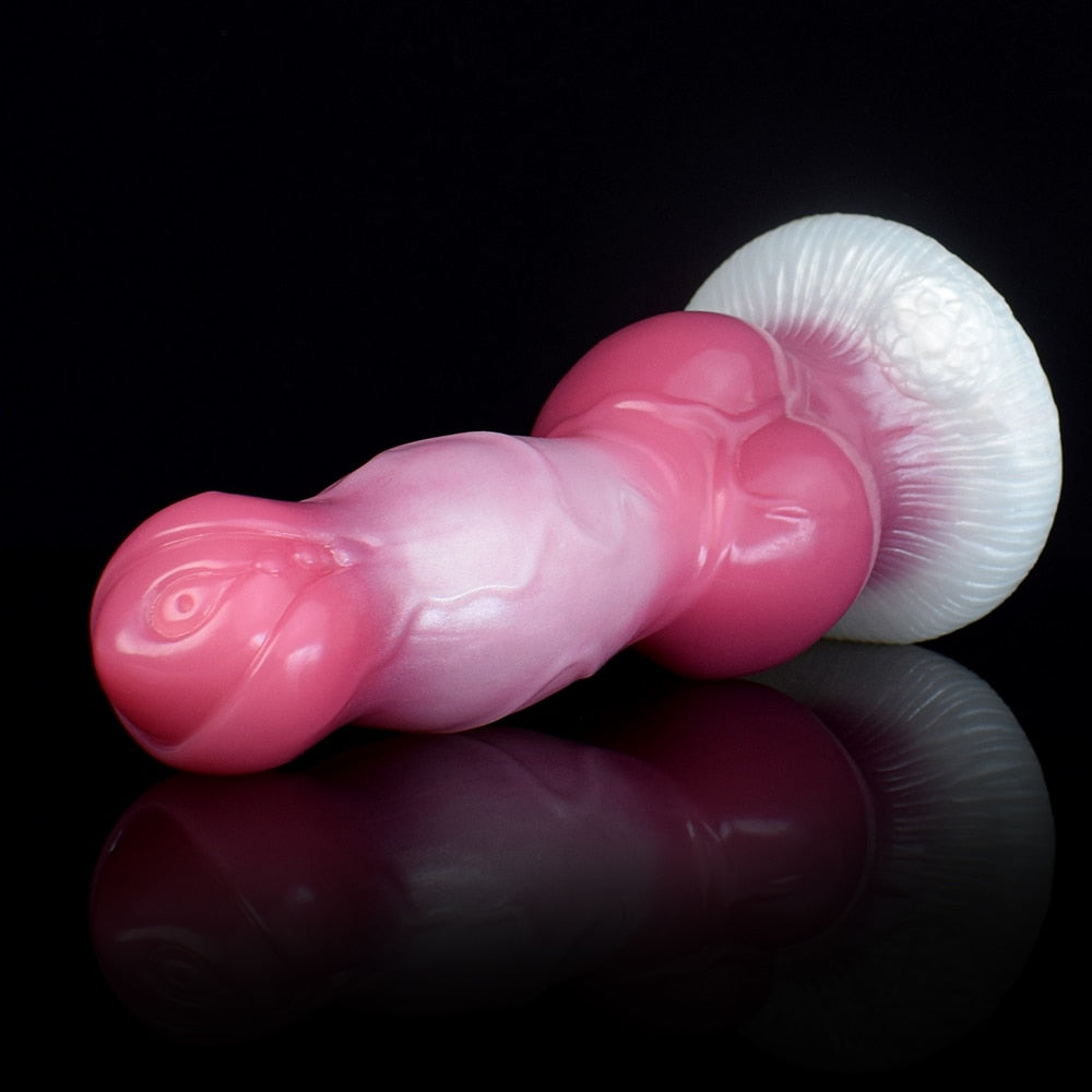 Rosafarbenes Hundedildo-Kopfteil und Knotenansatz, mit weißem Scheibensockel