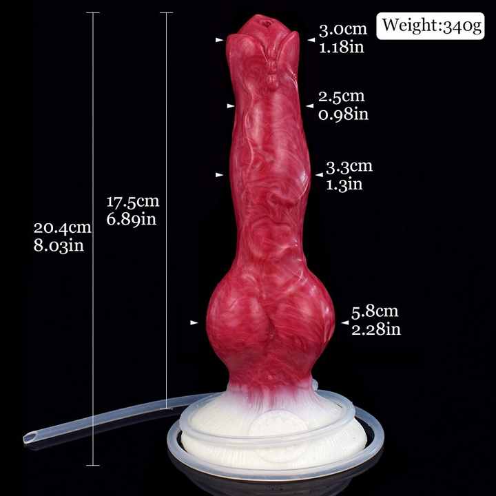 Red-pink canine-shaped sex toy with measurement labels and circular base