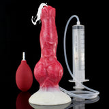 Pink canine-shaped sex toy with tubing, syringe-style gauge, and pump bulb