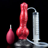 Red canine-shaped sex toy with clear hose, syringe-style gauge, and pump bulb