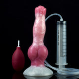 Light pink canine-shaped sex toy with clear hose, syringe-style gauge, and pump bulb