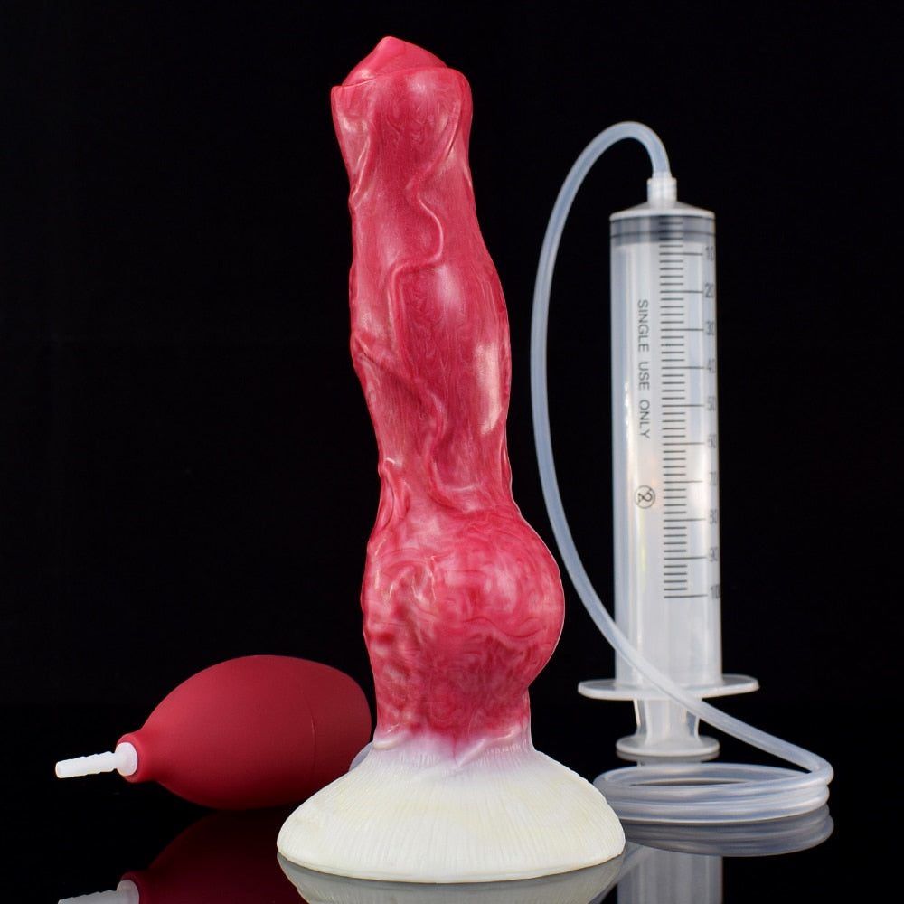 Pink canine-shaped dildo with suction base, syringe-style pump and clear hose