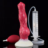 Pink canine-shaped dildo with suction base, syringe-style pump and clear hose