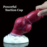 Red dog butt plug with white suction base and textured knot ring