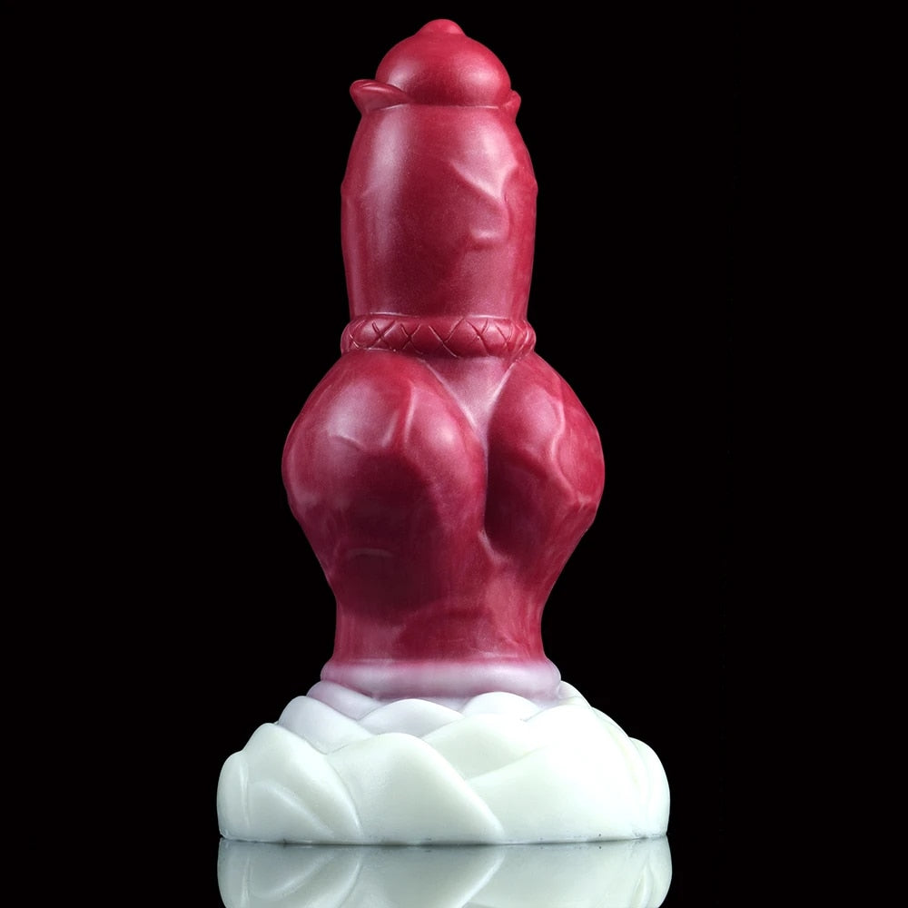 Upright realistic red dog butt plug with huge knot and white base ring