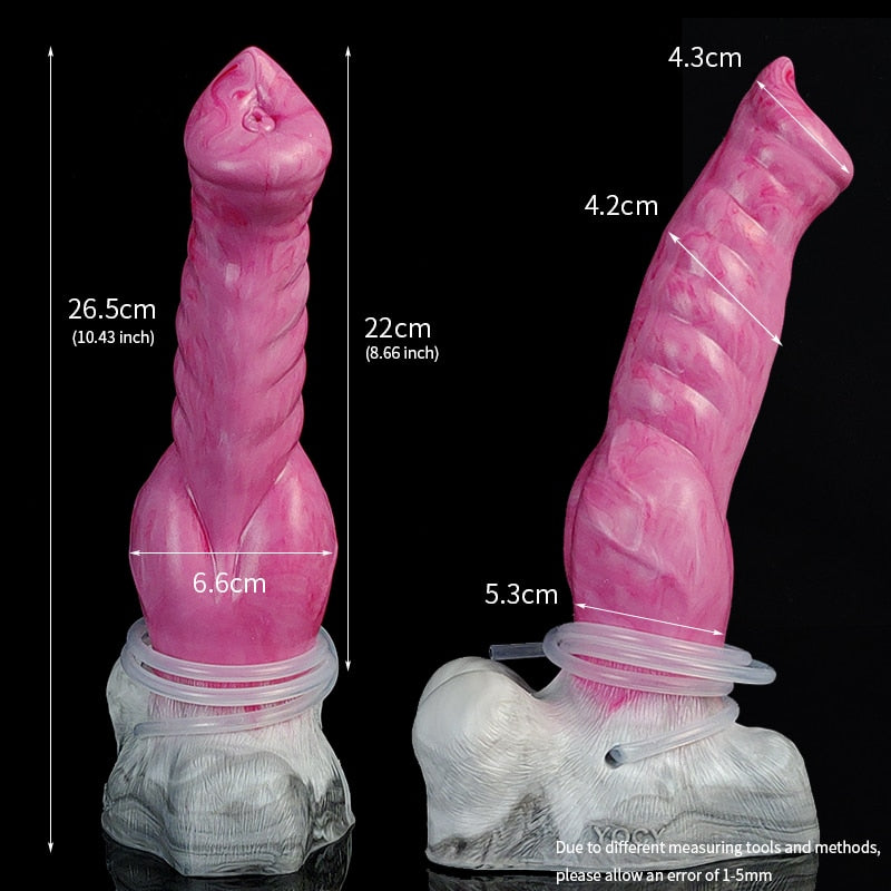 Wolf-shaped dildo in pink with base and tube, size measurements shown