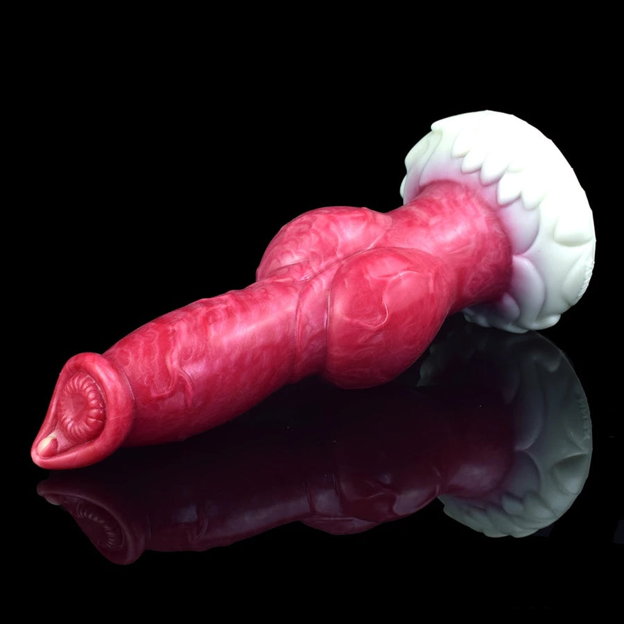 Realistic dog-themed sex toy, pink body with white knot detail, side view.