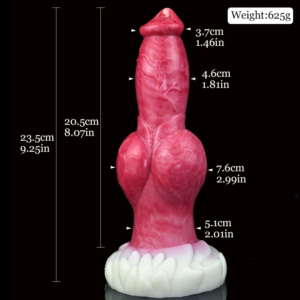 Pink dog-style dildo with white toothlike base and large knot, front view