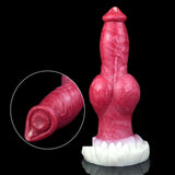 Full pink dog-style dildo with white knot base and detailed curled tip