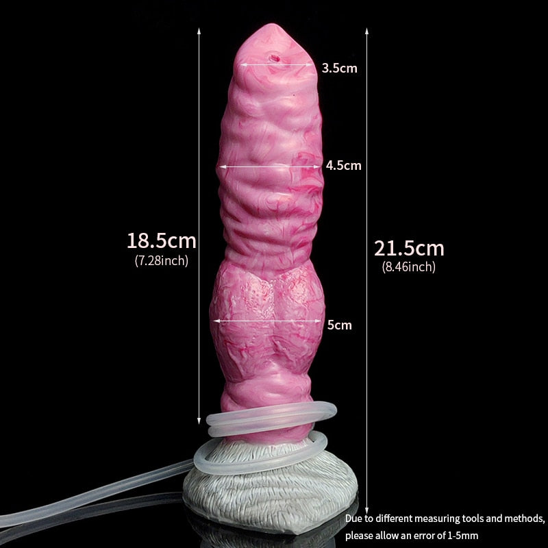 Gory pink realistic dog-knot dildo with size measurement graphic