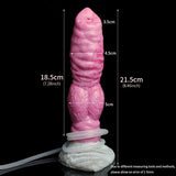 Gory pink realistic dog-knot dildo with size measurement graphic