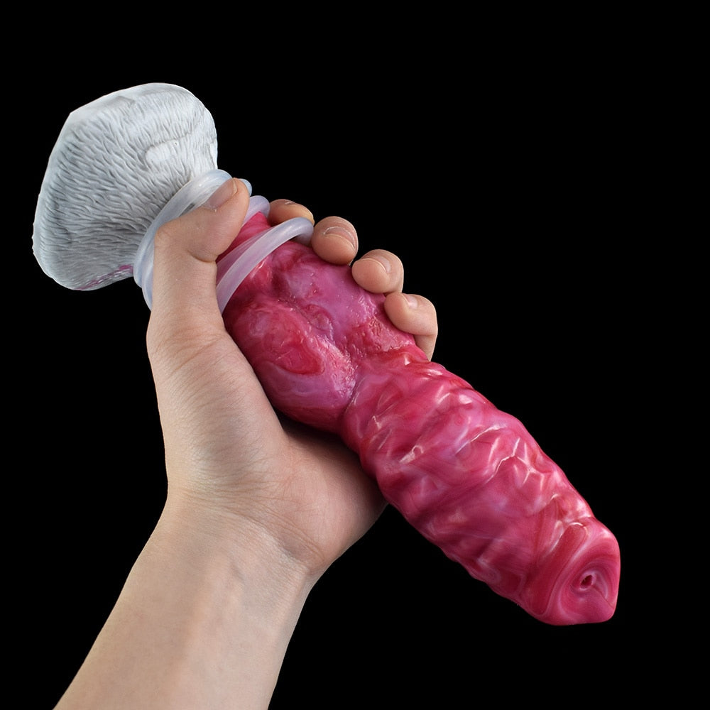 Gory pink realistic dog-knot dildo held with gray textured tail base