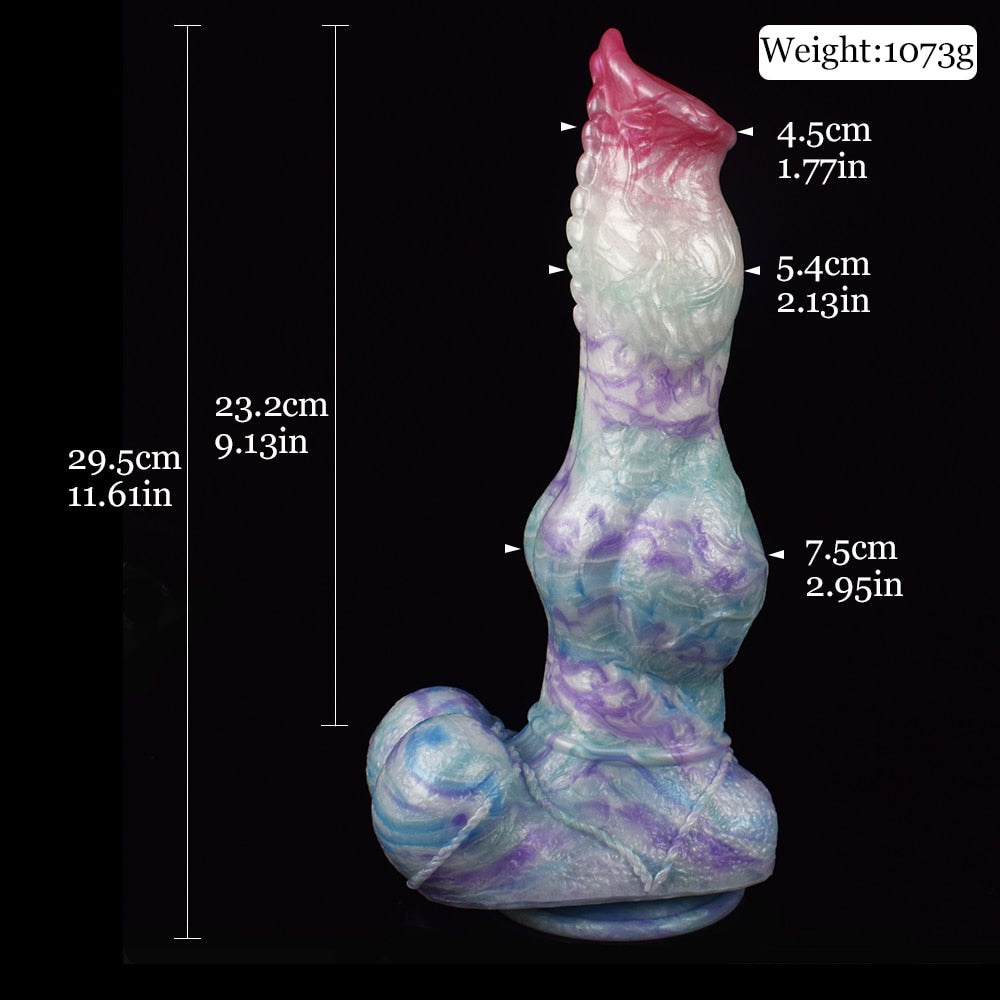 Whole view of huge-knot dildo in pastel blue and purple marbling with pink end.