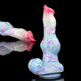 Minotaur-themed dildo on its side, huge knot, pastel blue/purple/white with pink end.