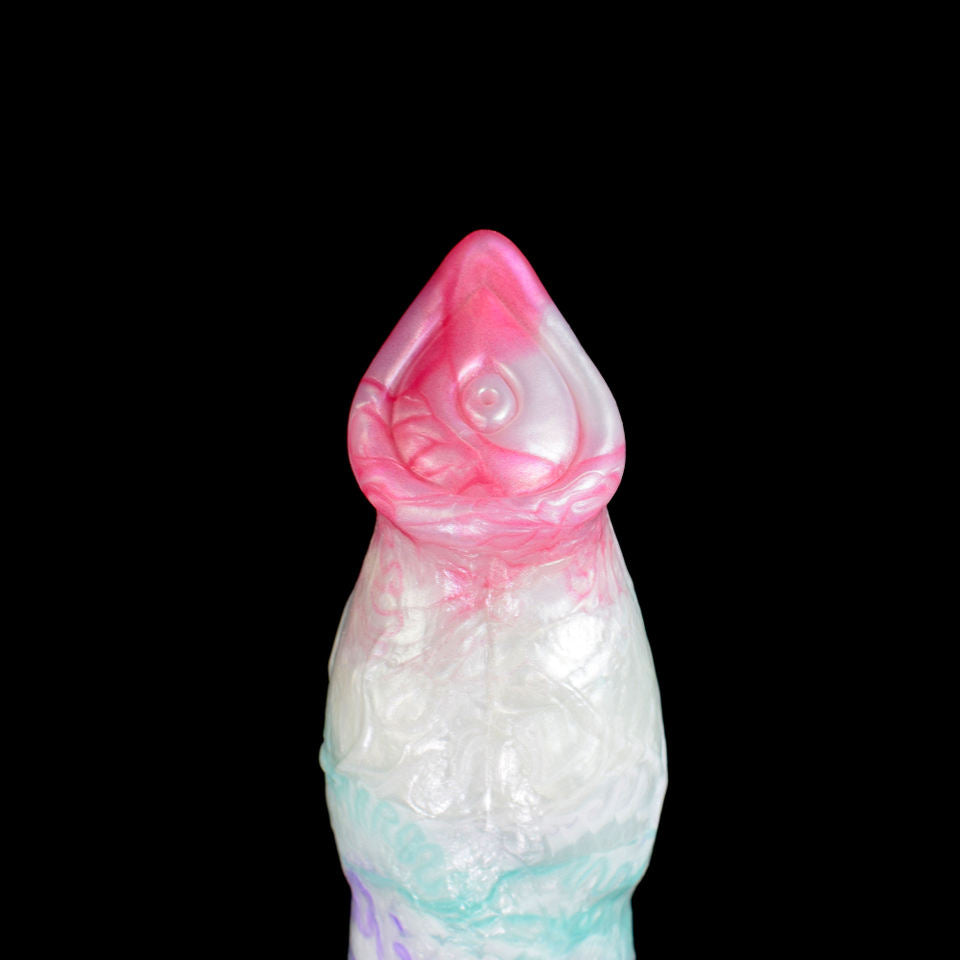 Close-up of pink minotaur-style head on pastel blue/purple dildo body.