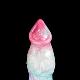 Close-up of pink minotaur-style head on pastel blue/purple dildo body.