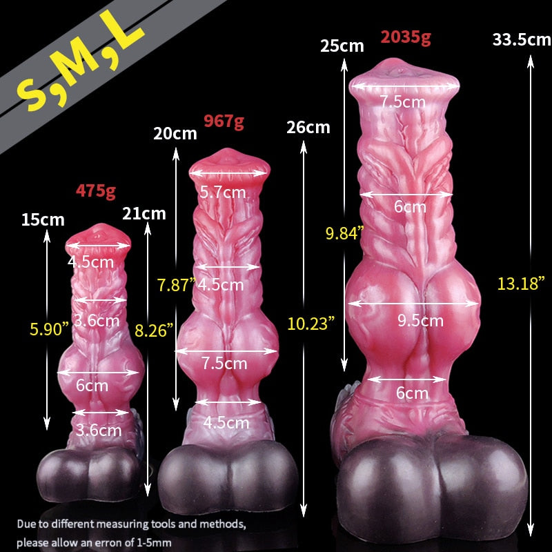 Size chart for ribbed werewolf dildo, pink/red wolf: S, M, L with suction base.