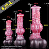 Size chart for ribbed werewolf dildo, pink/red wolf: S, M, L with suction base.