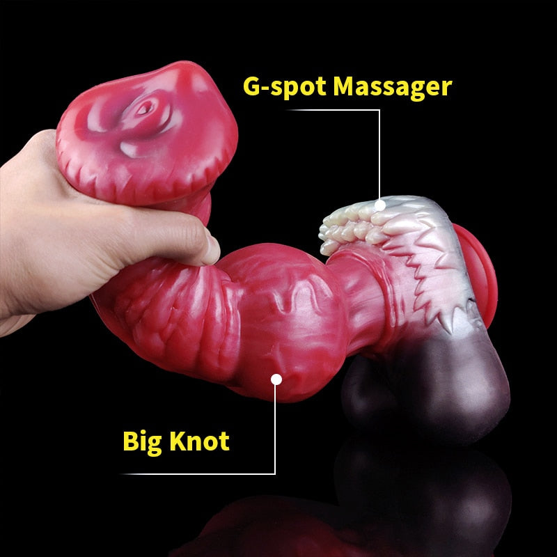 Ribbed werewolf dildo, red wolf, knotted bulge and suction base.