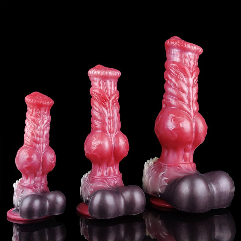 Pink/red wolf werewolf dildo, side view of S, M, L with flared suction bases.