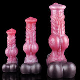 Pink/red wolf werewolf dildo set: S, M, L with flared suction bases and ribbed body.