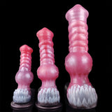 Pink/red wolf werewolf dildo set, S, M and L with spiked ribbed collar and suction bases.
