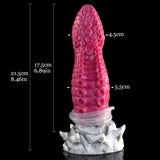 Octopus tentacle dildo with size markings: bright pink textured body, white base ring (Gory)